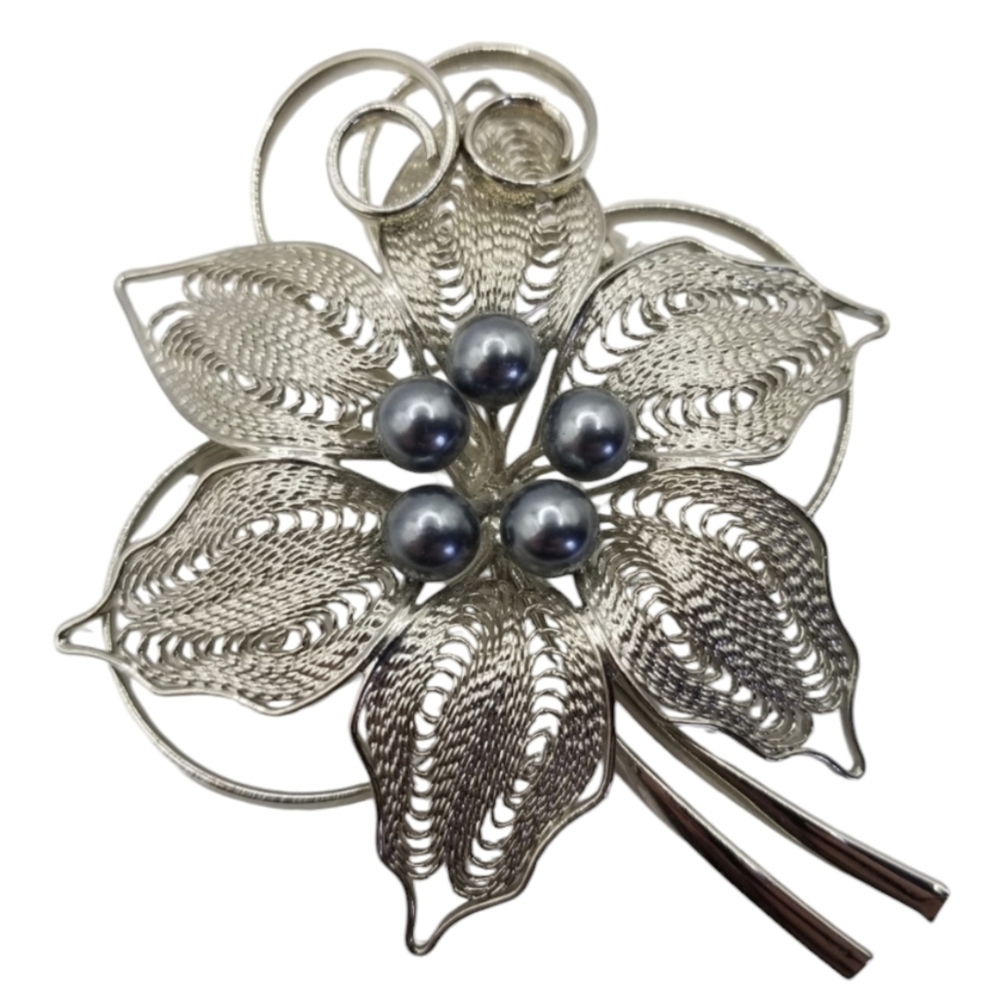 Vintage Silvertone Wirework Flower Brooch Pin Faux Pearls Gray Large Estate